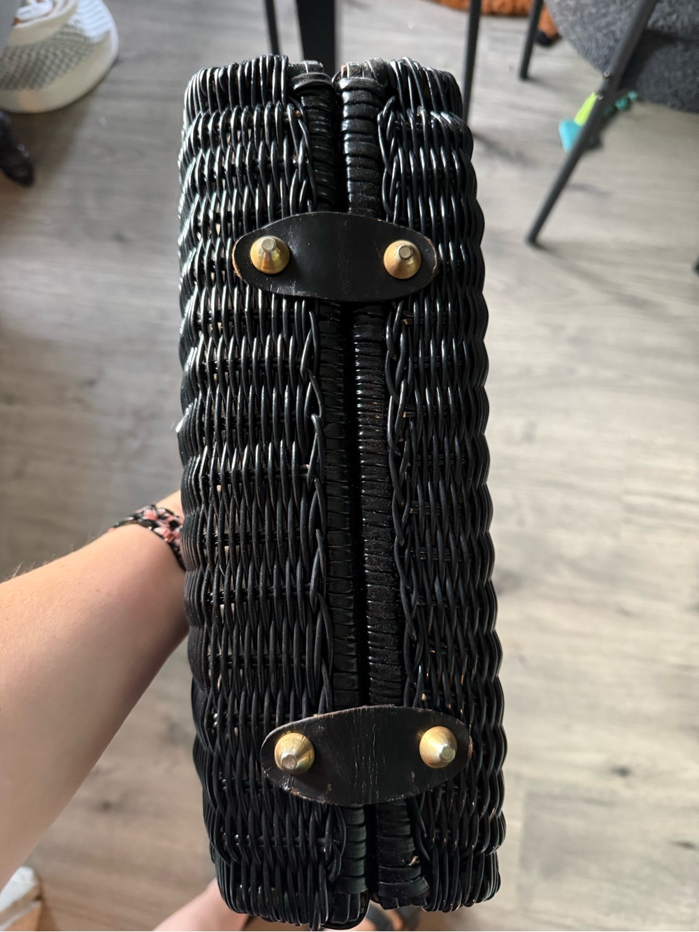 Black Woven Top-Handle Bag with Gold Hardware - Picture 4 of 7